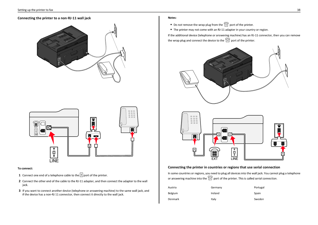 Lexmark PRO4000C manual Connecting the printer to a non‑RJ‑11 wall jack, Belgium Ireland Spain Denmark Italy 