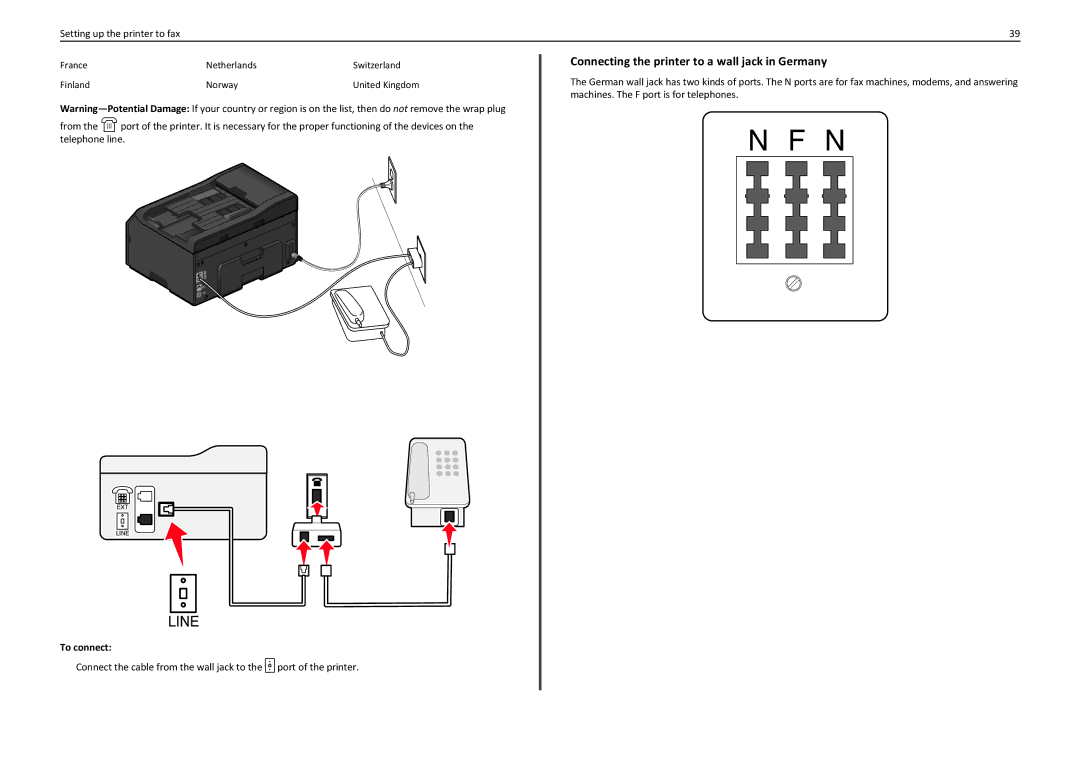 Lexmark PRO4000C manual Connecting the printer to a wall jack in Germany 