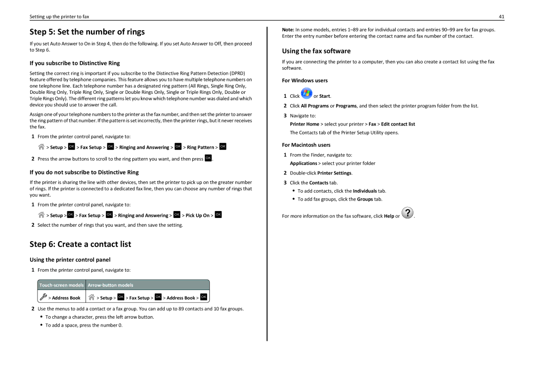 Lexmark PRO4000C manual Set the number of rings, Create a contact list, Using the fax software 