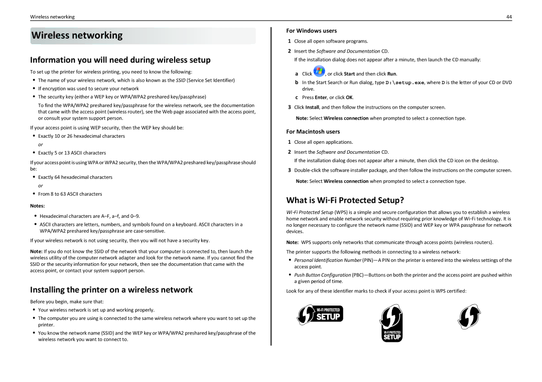 Lexmark PRO4000C Wireless networking, Information you will need during wireless setup, What is Wi‑Fi Protected Setup? 