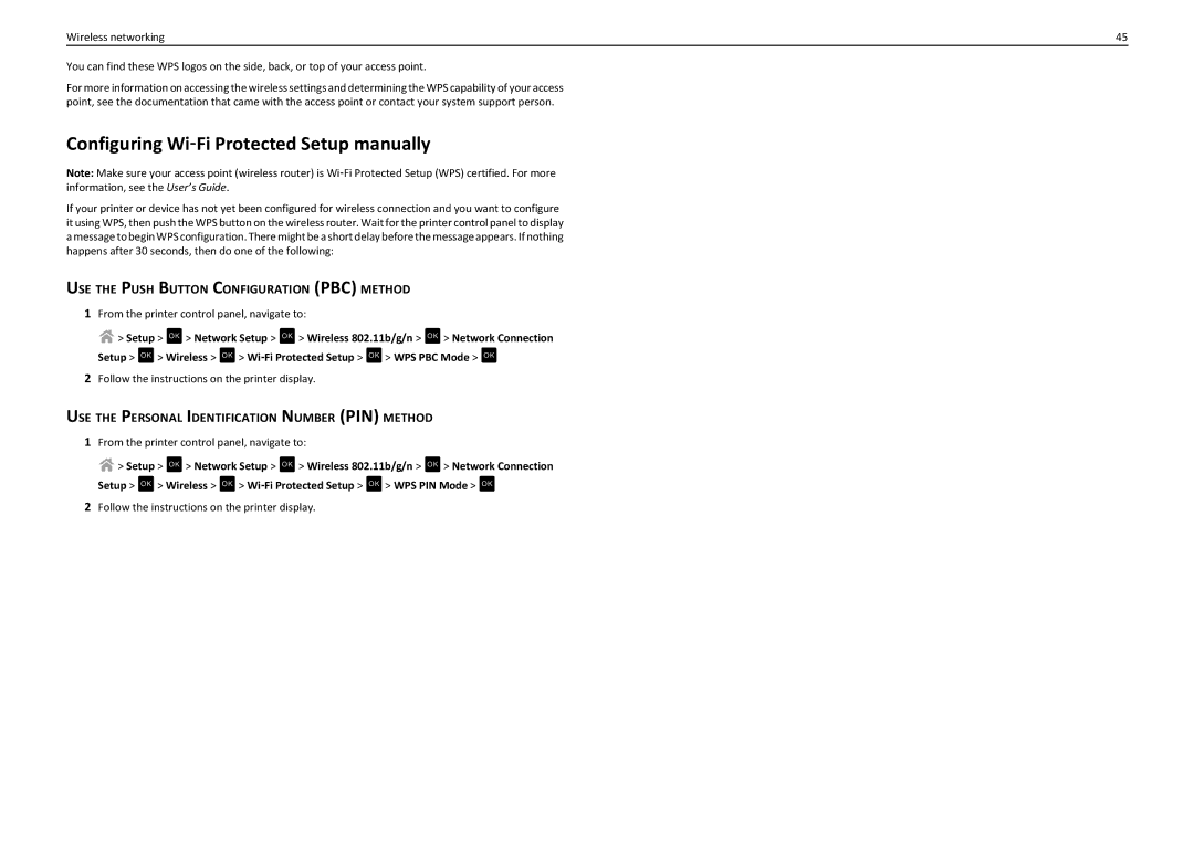 Lexmark PRO4000C Configuring Wi‑Fi Protected Setup manually, USE the Push Button Configuration PBC Method 