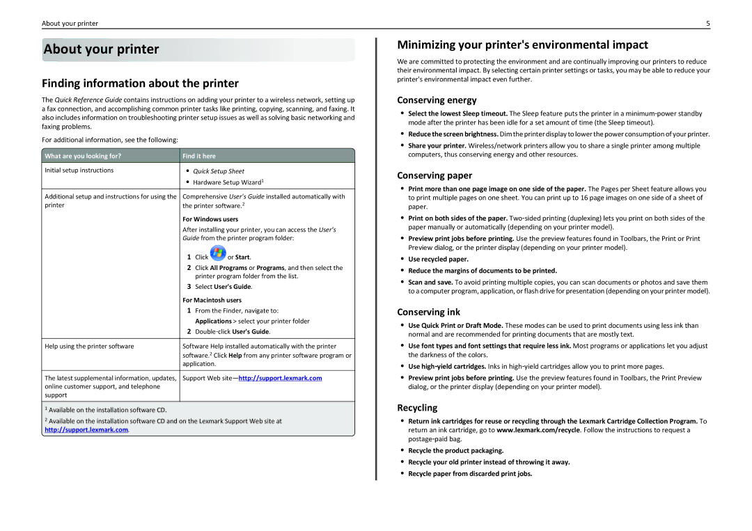 Lexmark PRO4000C manual Finding information about the printer, Minimizing your printers environmental impact 