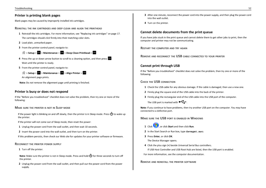 Lexmark PRO4000C manual Printer is printing blank pages, Printer is busy or does not respond, Cannot print through USB 