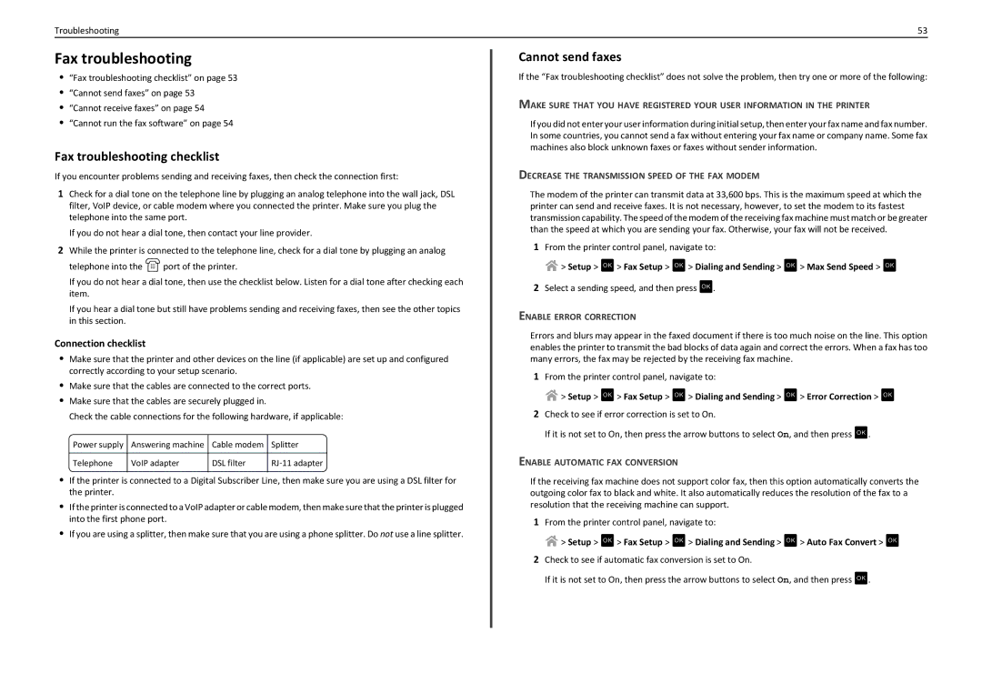 Lexmark PRO4000C manual Fax troubleshooting checklist, Cannot send faxes, Connection checklist 