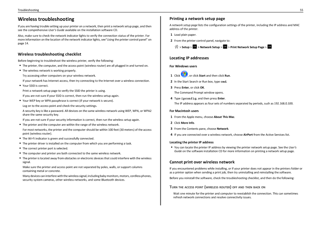 Lexmark PRO4000C manual Wireless troubleshooting checklist, Printing a network setup, Locating IP addresses 