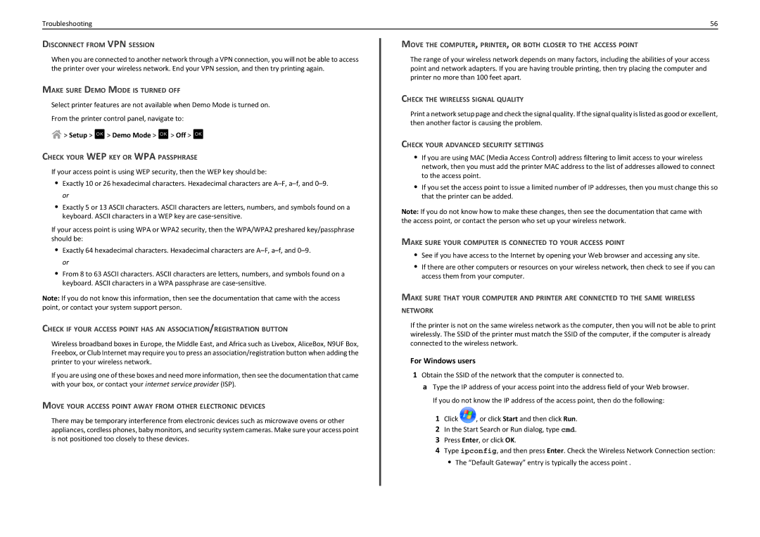 Lexmark PRO4000C Disconnect from VPN Session, Make Sure Demo Mode is Turned OFF, Check Your WEP KEY or WPA Passphrase 