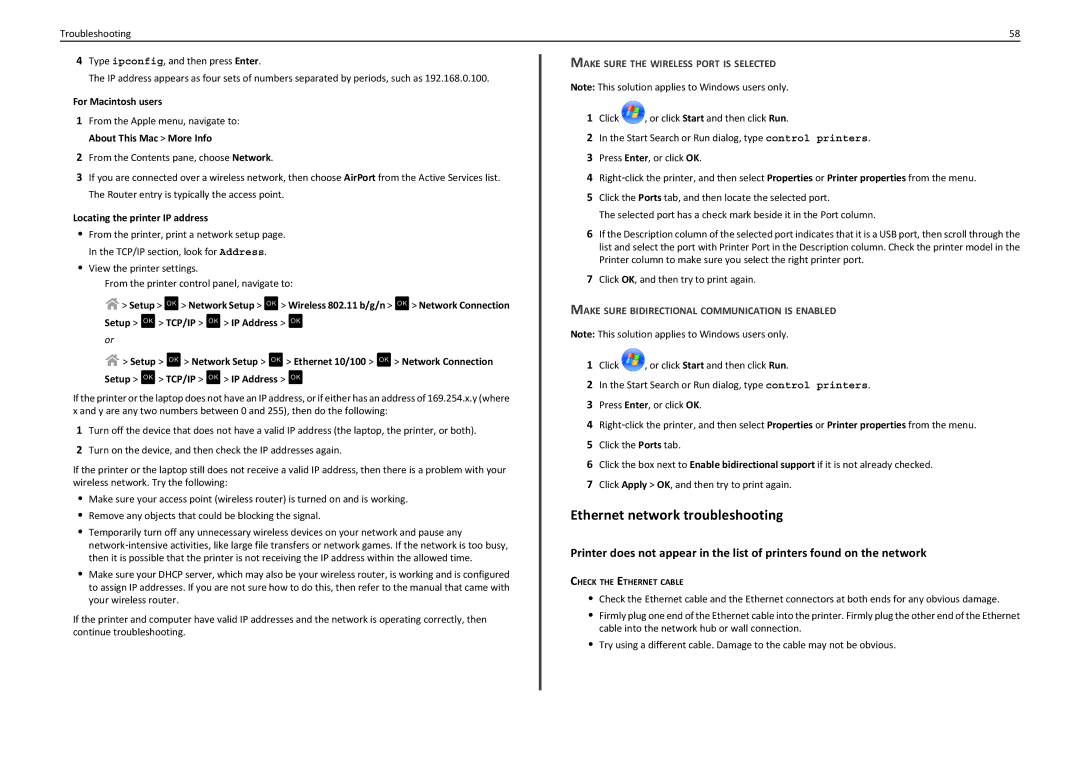 Lexmark PRO4000C manual Ethernet network troubleshooting, Locating the printer IP address 