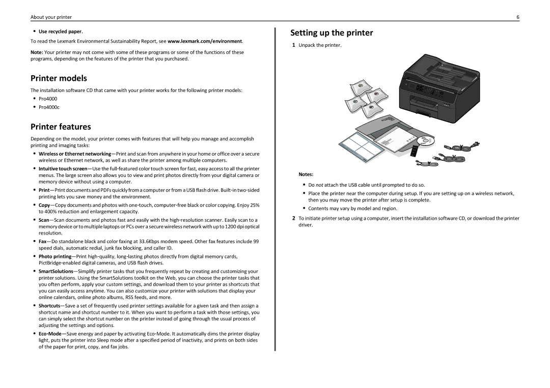 Lexmark PRO4000C manual Printer models, Printer features, Setting up the printer, Use recycled paper 