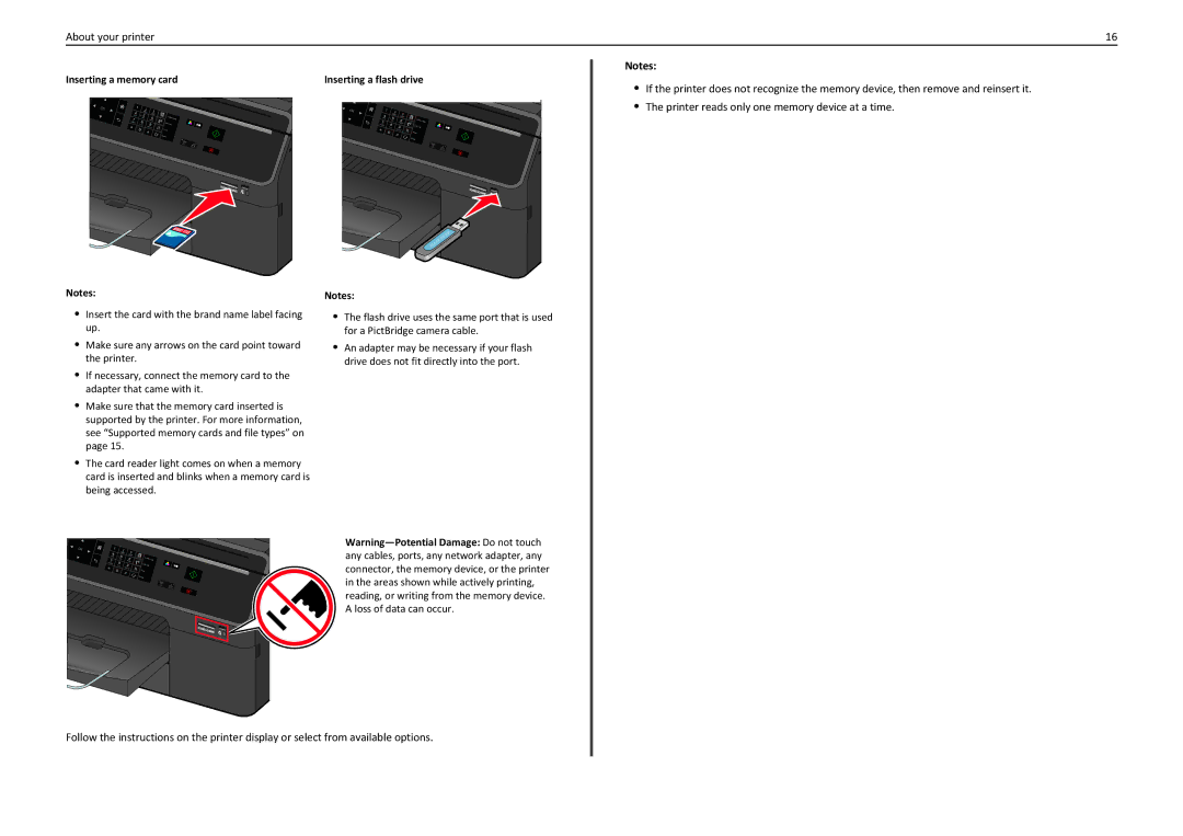 Lexmark PRO4000C manual Inserting a memory card, Inserting a flash drive 