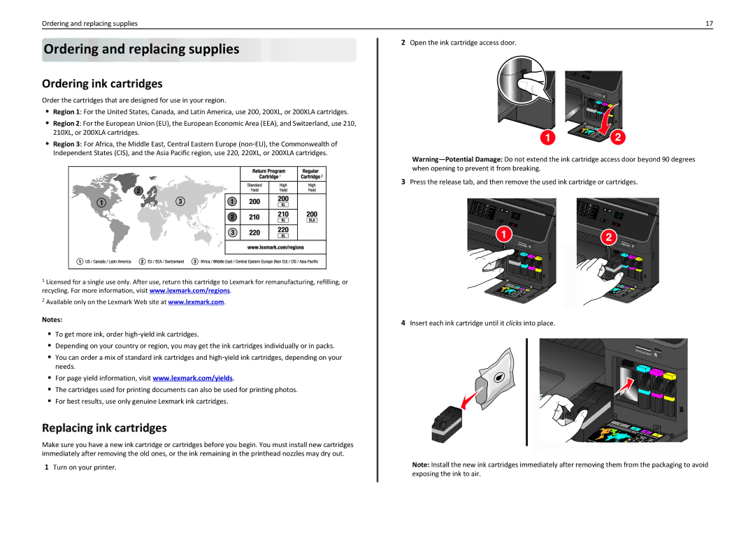 Lexmark PRO4000C manual Ordering and replacing supplies, Ordering ink cartridges, Replacing ink cartridges 