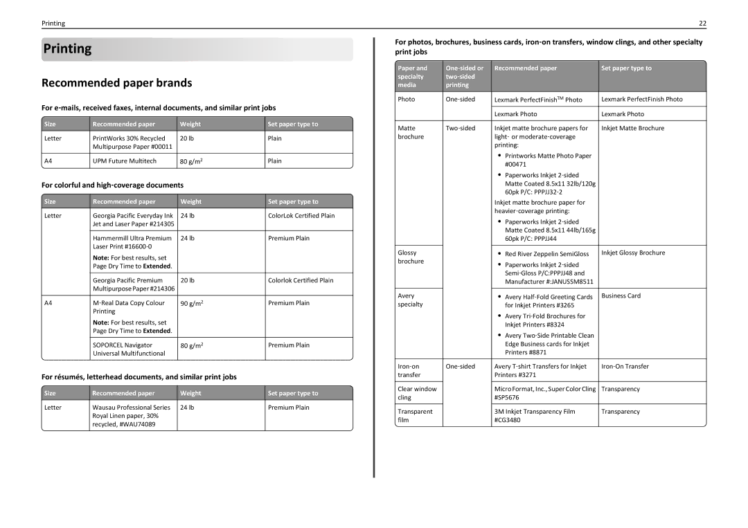 Lexmark PRO4000C manual Printing, Recommended paper brands, For colorful and high‑coverage documents 