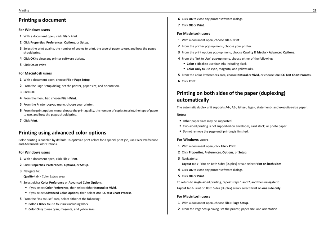 Lexmark PRO4000 manual Printing a document, Printing using advanced color options, For Windows users, For Macintosh users 