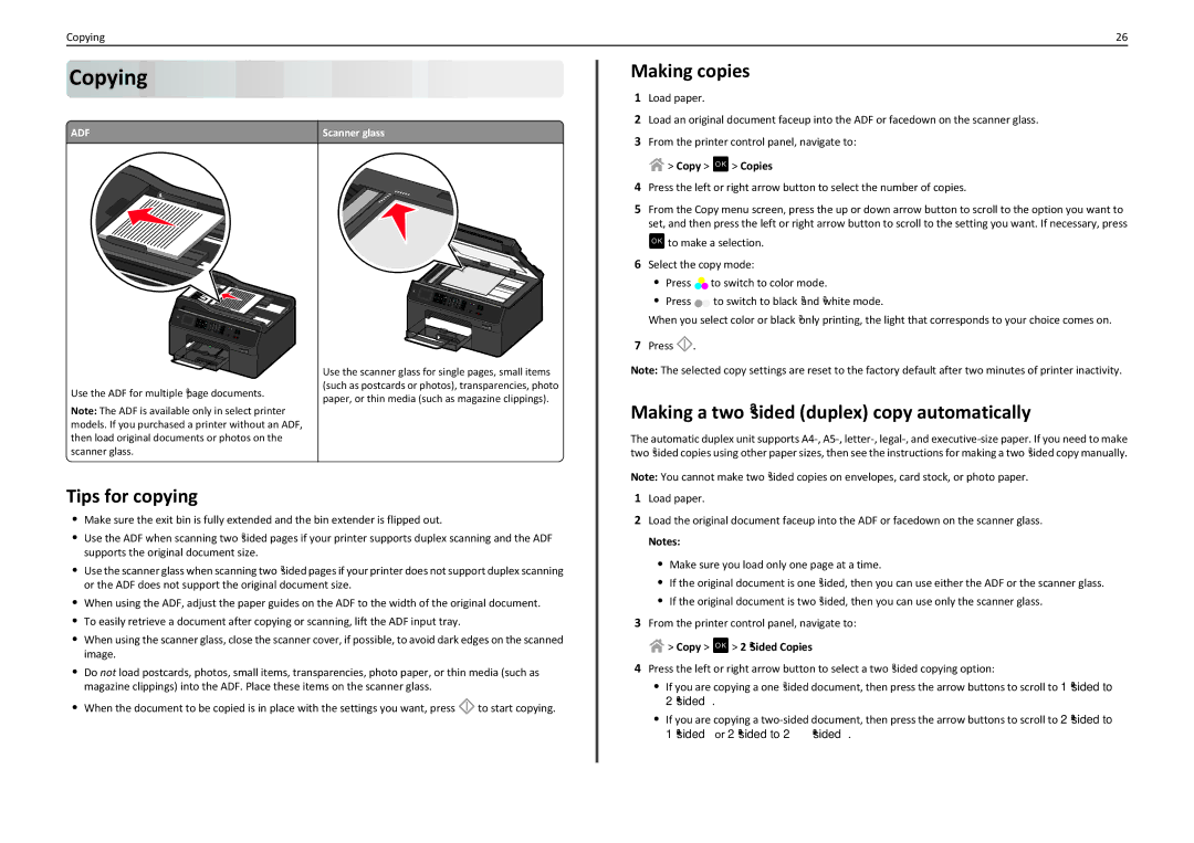 Lexmark PRO4000C Copying, Making copies, Making a two‑sided duplex copy automatically, Tips for copying, Scanner glass 