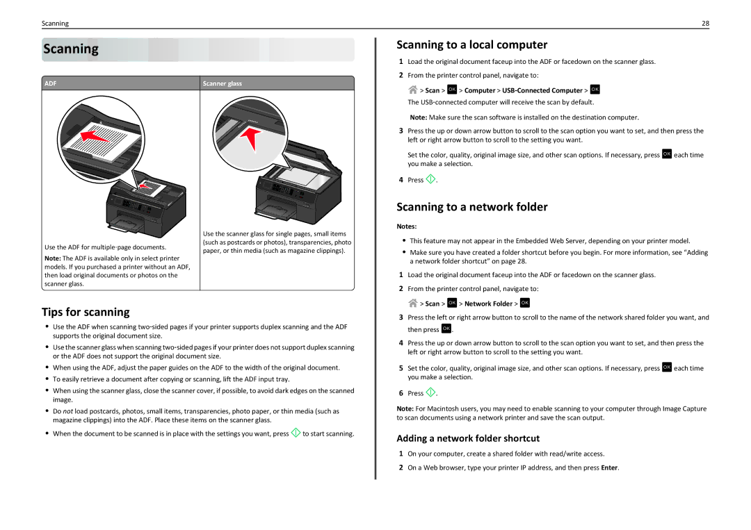 Lexmark PRO4000C manual Scanning to a local computer, Scanning to a network folder, Tips for scanning 