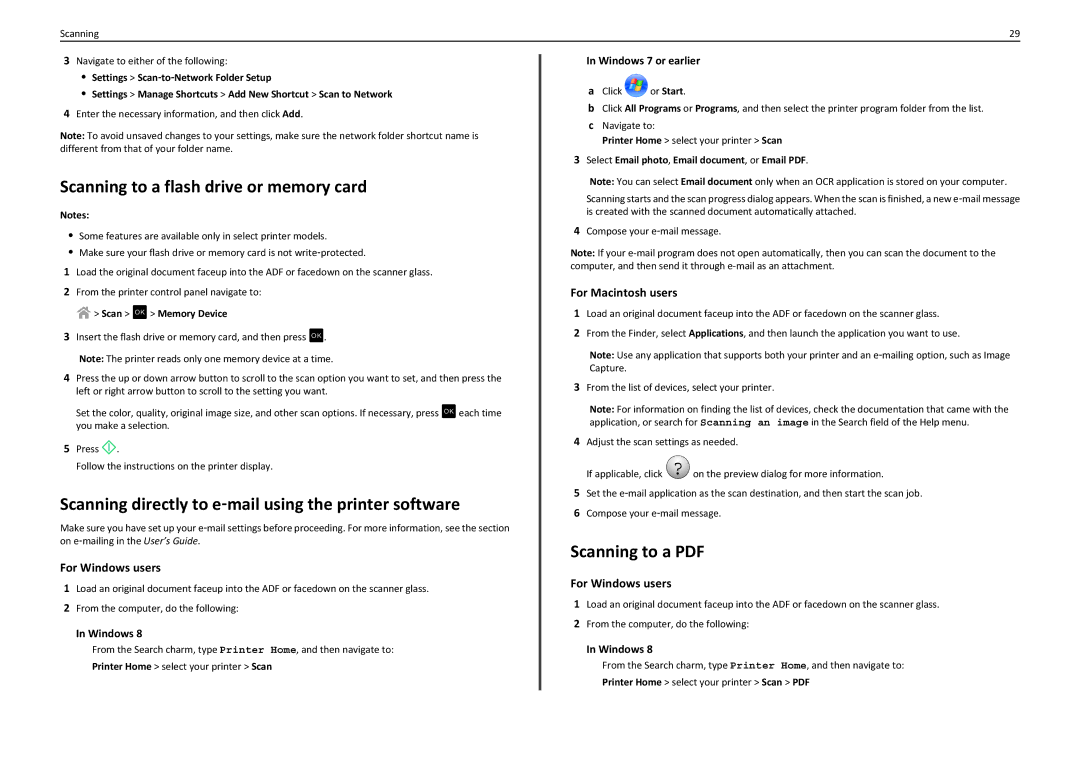 Lexmark PRO4000C manual Scanning to a flash drive or memory card, Scanning directly to e‑mail using the printer software 