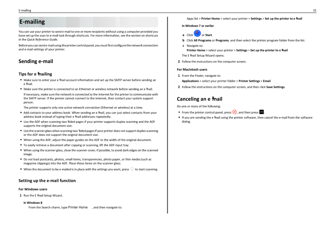 Lexmark PRO4000C manual Sending e-mail, Canceling an e‑mail, Tips for e‑mailing, Setting up the e-mail function 