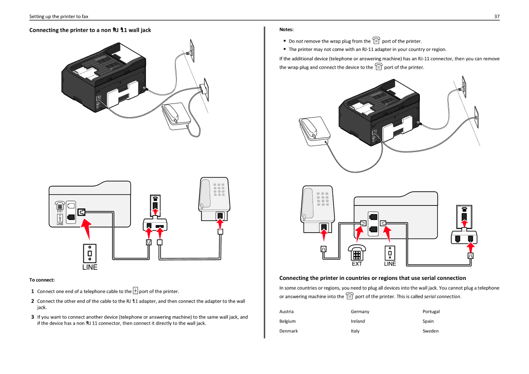 Lexmark PRO4000C manual Connecting the printer to a non‑RJ‑11 wall jack, Belgium Ireland Spain Denmark Italy 