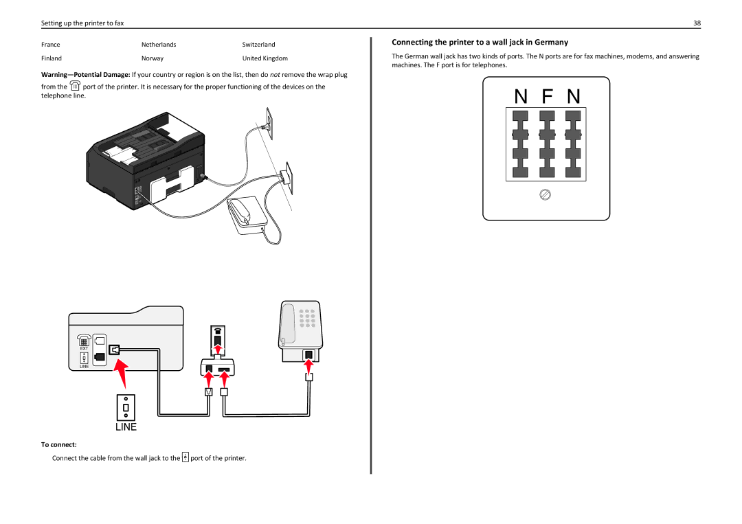 Lexmark PRO4000C manual Connecting the printer to a wall jack in Germany 