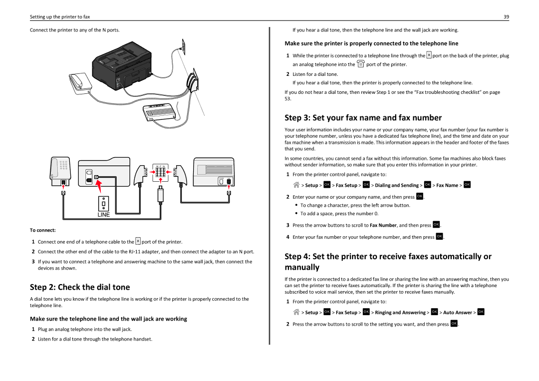 Lexmark PRO4000C manual Check the dial tone, Set your fax name and fax number 