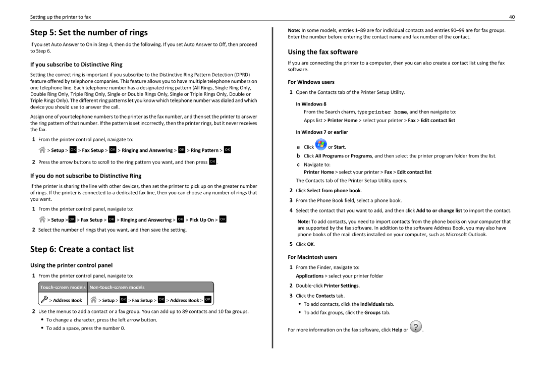 Lexmark PRO4000C manual Set the number of rings, Create a contact list, Using the fax software 