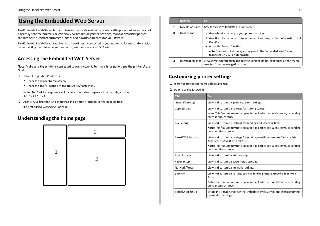 Lexmark PRO4000C manual Using the Embedded Web Server, Accessing the Embedded Web Server, Understanding the home, Click 