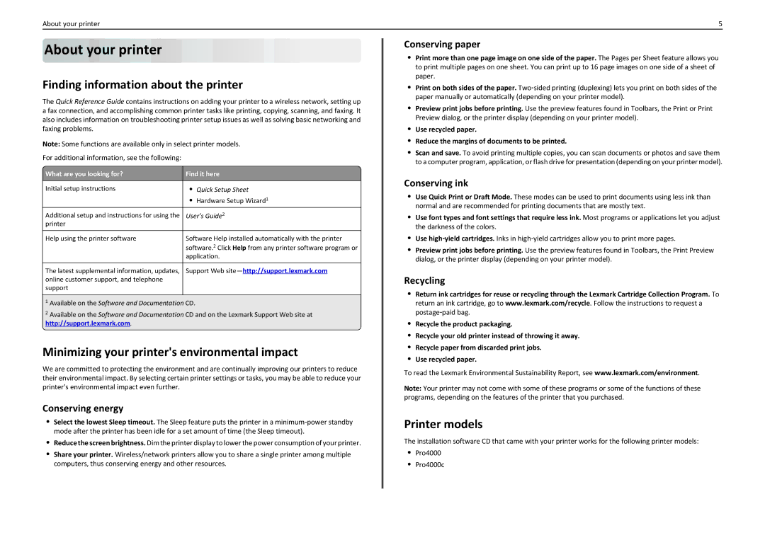 Lexmark PRO4000 About your printer, Finding information about the printer, Minimizing your printers environmental impact 