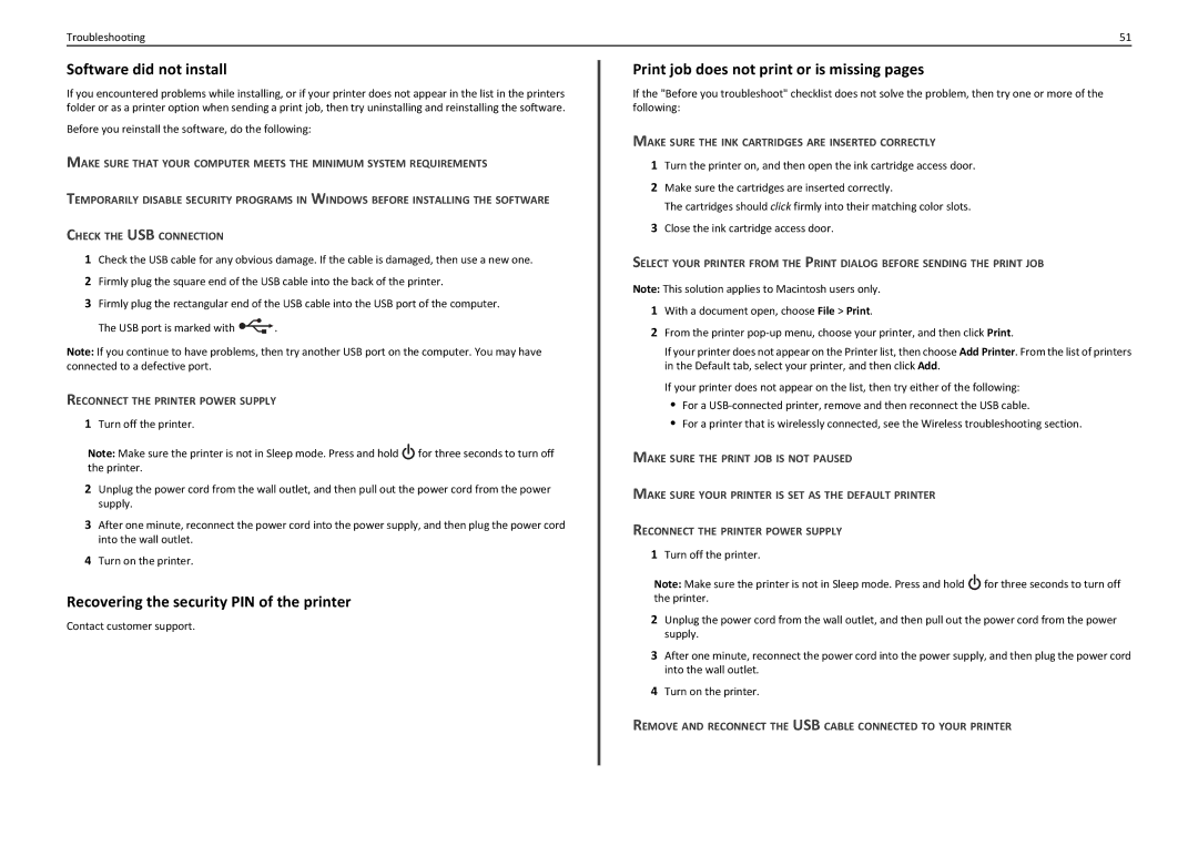 Lexmark PRO4000 Software did not install, Recovering the security PIN of the printer, Reconnect the Printer Power Supply 