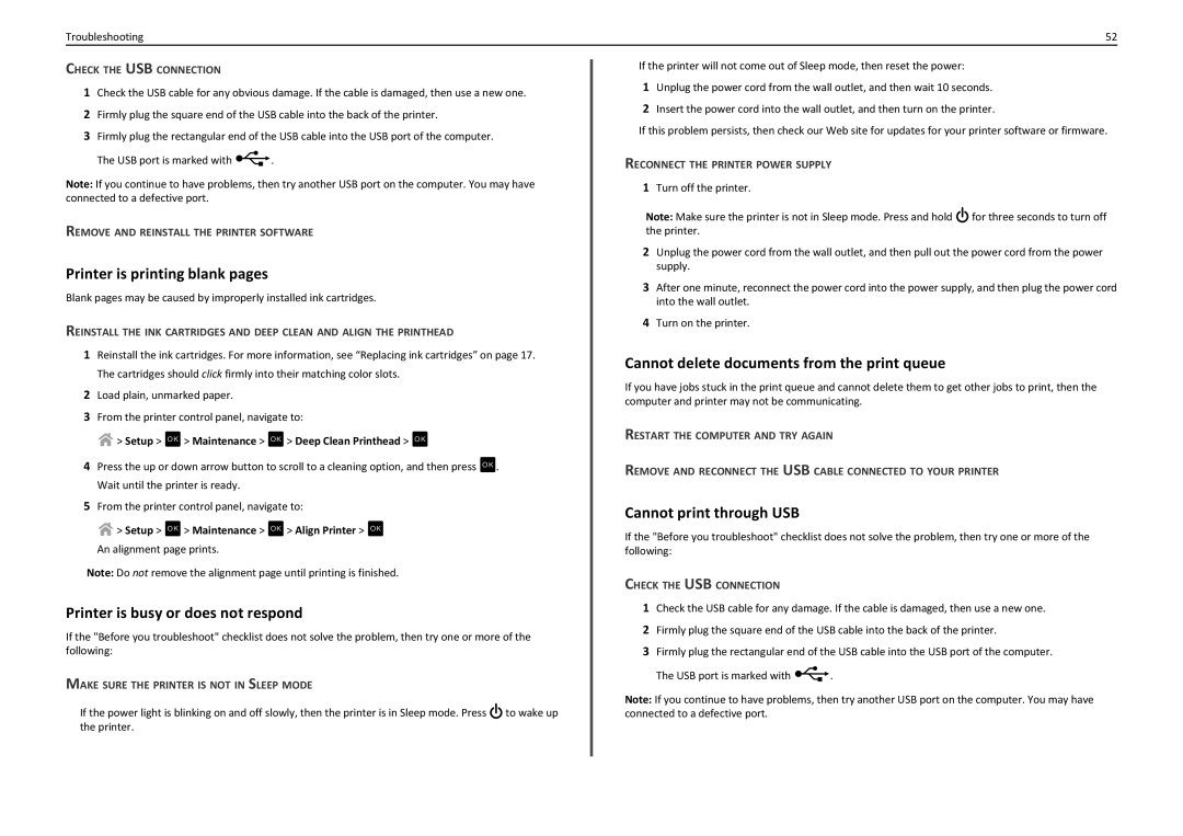 Lexmark PRO4000C manual Printer is printing blank pages, Printer is busy or does not respond, Cannot print through USB 