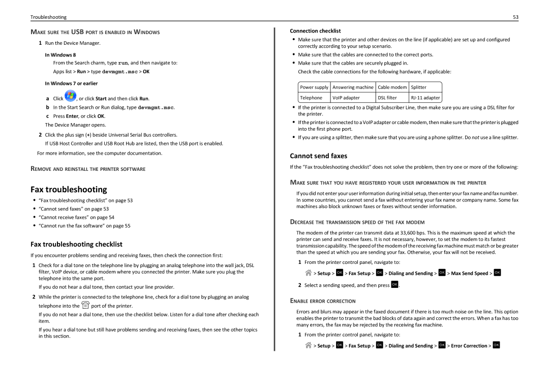 Lexmark PRO4000C manual Fax troubleshooting checklist, Cannot send faxes, Connection checklist 