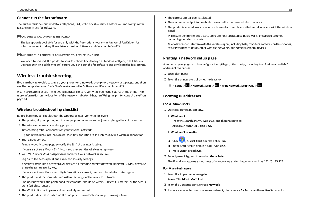 Lexmark PRO4000C manual Cannot run the fax software, Wireless troubleshooting checklist, Printing a network setup 