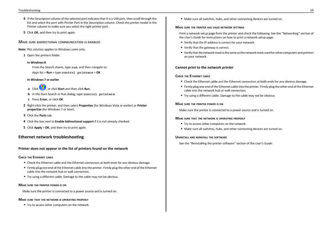 Lexmark PRO4000C manual Ethernet network troubleshooting, Cannot print to the network printer 