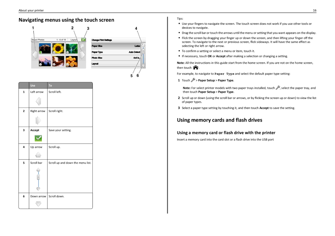 Lexmark PRO5500 manual Navigating menus using the touch screen, Using memory cards and flash drives, Accept 