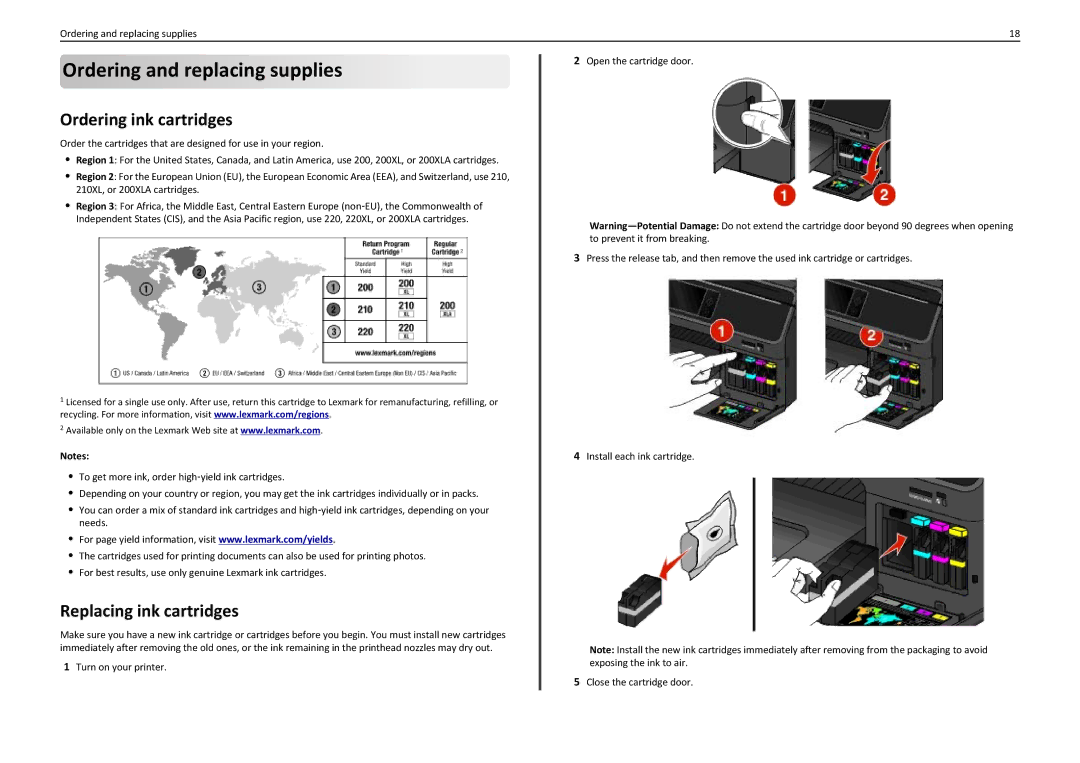 Lexmark PRO5500 manual Ordering and replacing supplies, Ordering ink cartridges, Replacing ink cartridges 