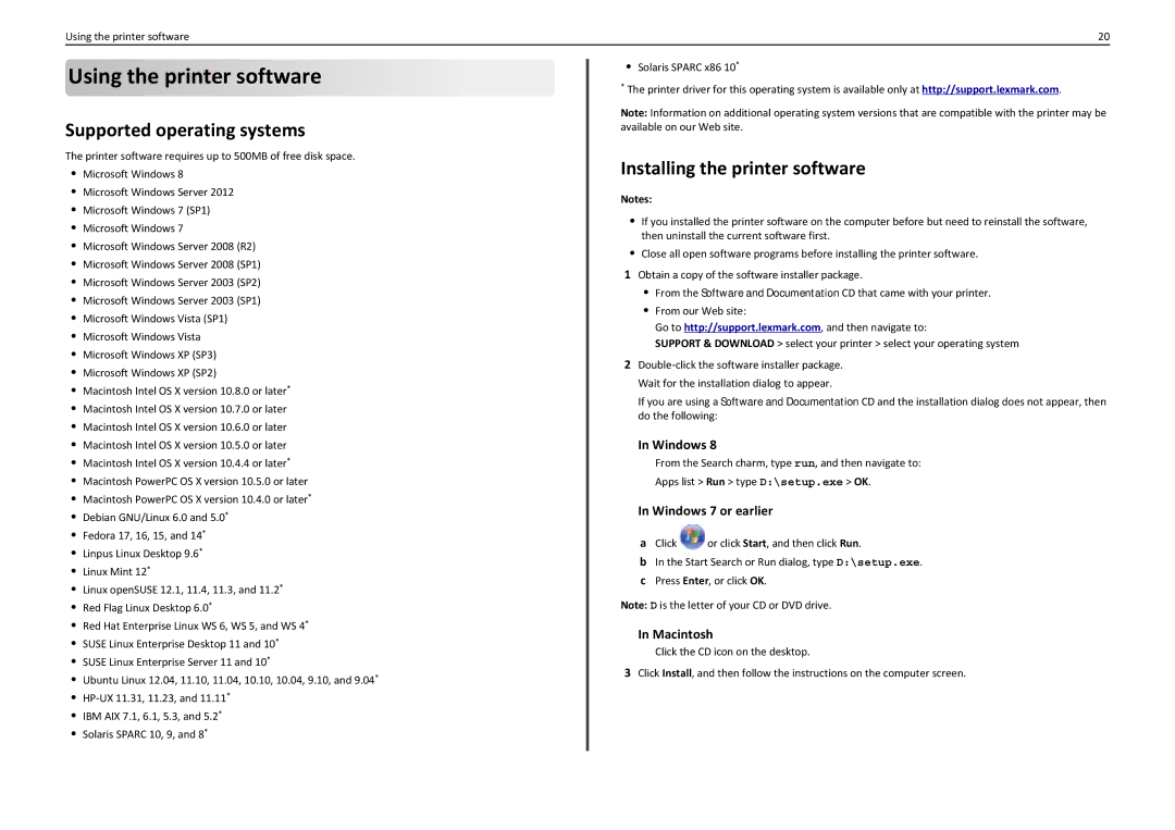 Lexmark PRO5500 manual Using the printer software, Supported operating systems, Installing the printer software 