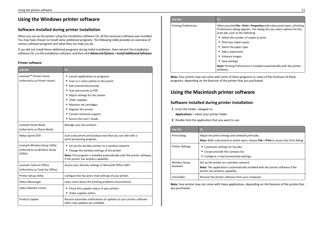 Lexmark PRO5500 manual Using the Windows printer software, Using the Macintosh printer software, Printer software 