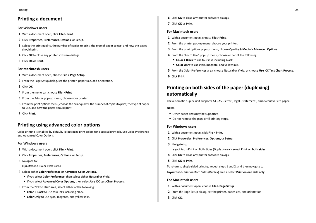 Lexmark PRO5500 manual Printing a document, Printing using advanced color options, For Windows users, For Macintosh users 