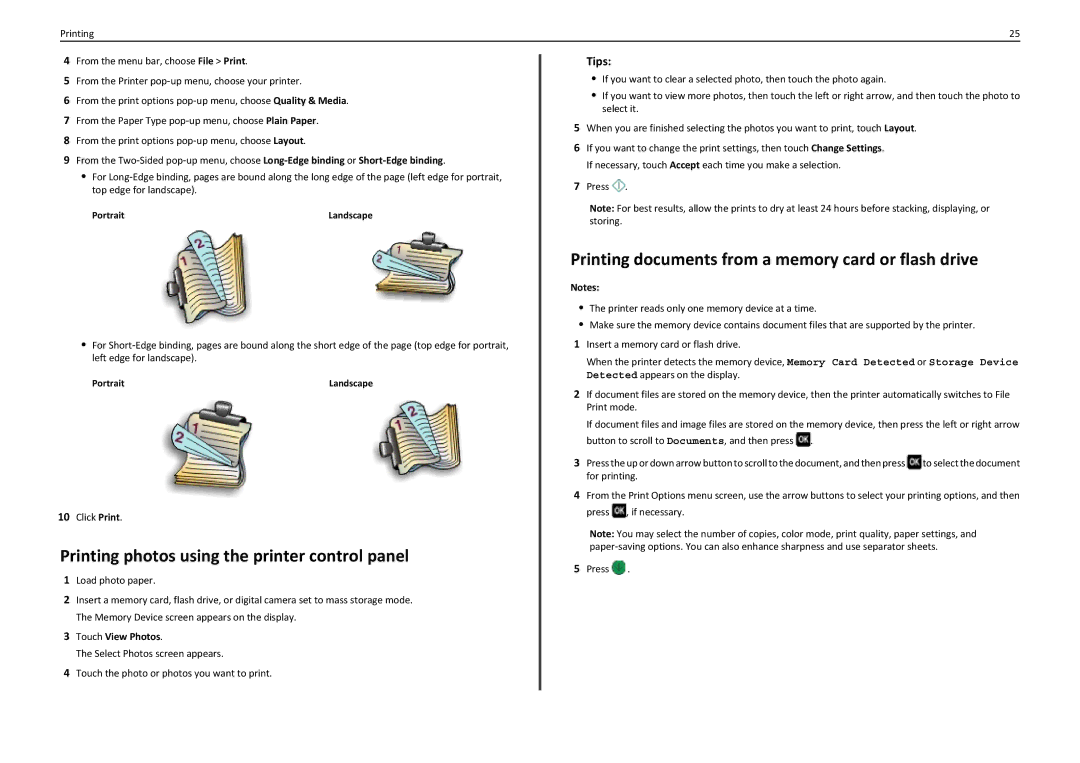 Lexmark PRO5500 Printing photos using the printer control panel, Printing documents from a memory card or flash drive 