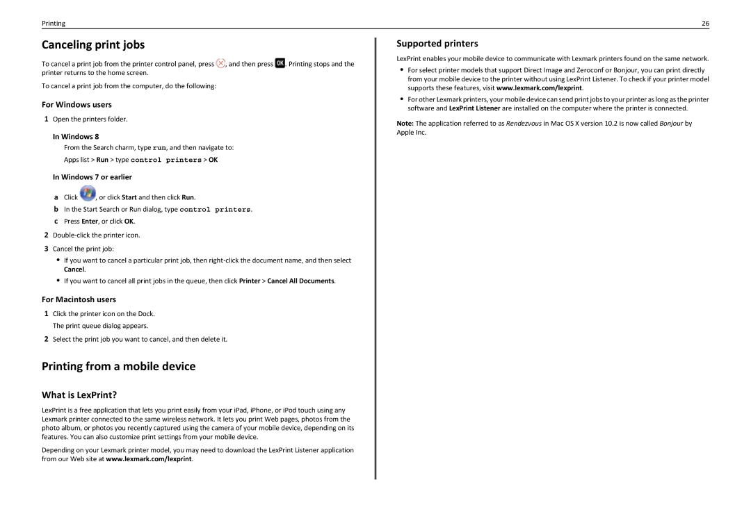 Lexmark PRO5500 manual Canceling print jobs, Printing from a mobile device, What is LexPrint?, Supported printers 