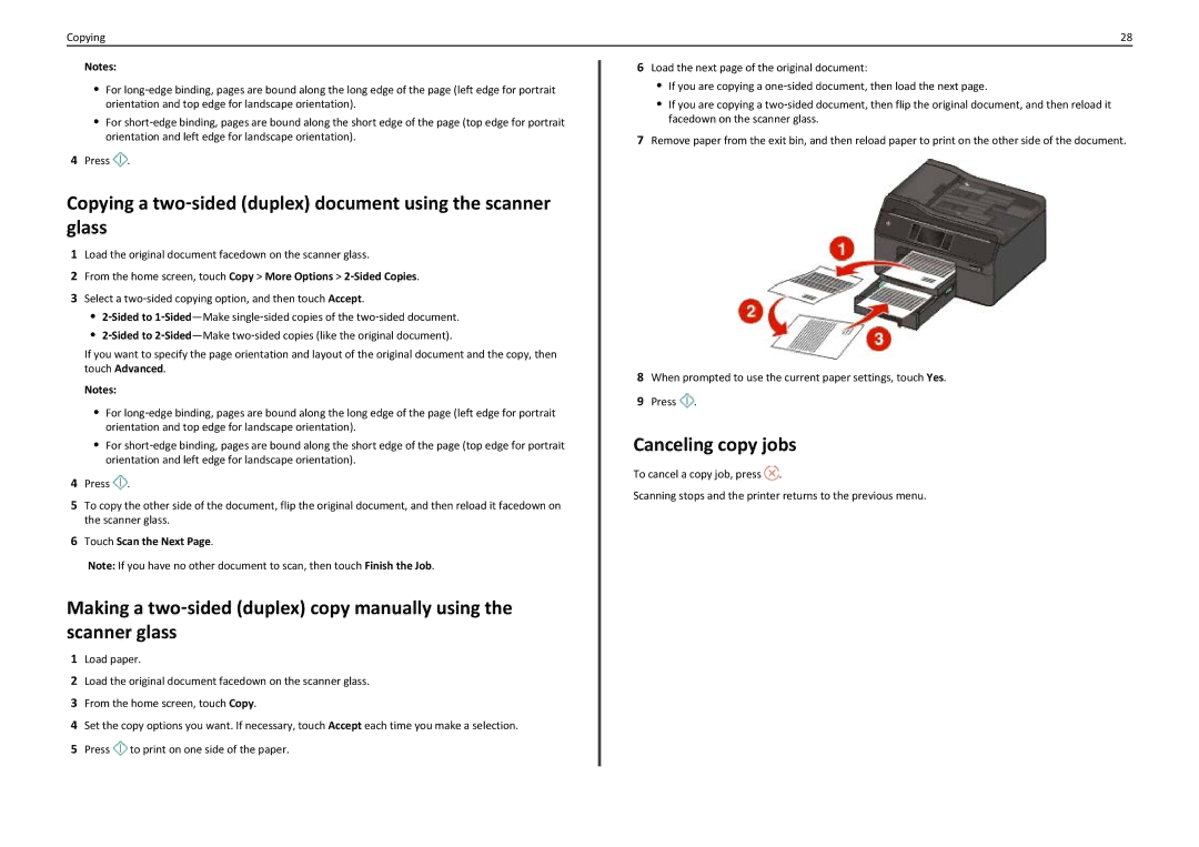 Lexmark PRO5500 Copying a two‑sided duplex document using the scanner glass, Canceling copy jobs, Touch Scan the Next 