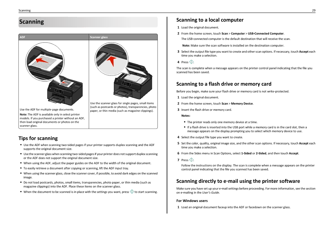 Lexmark PRO5500 manual Scanning to a local computer, Scanning to a flash drive or memory card, Tips for scanning 