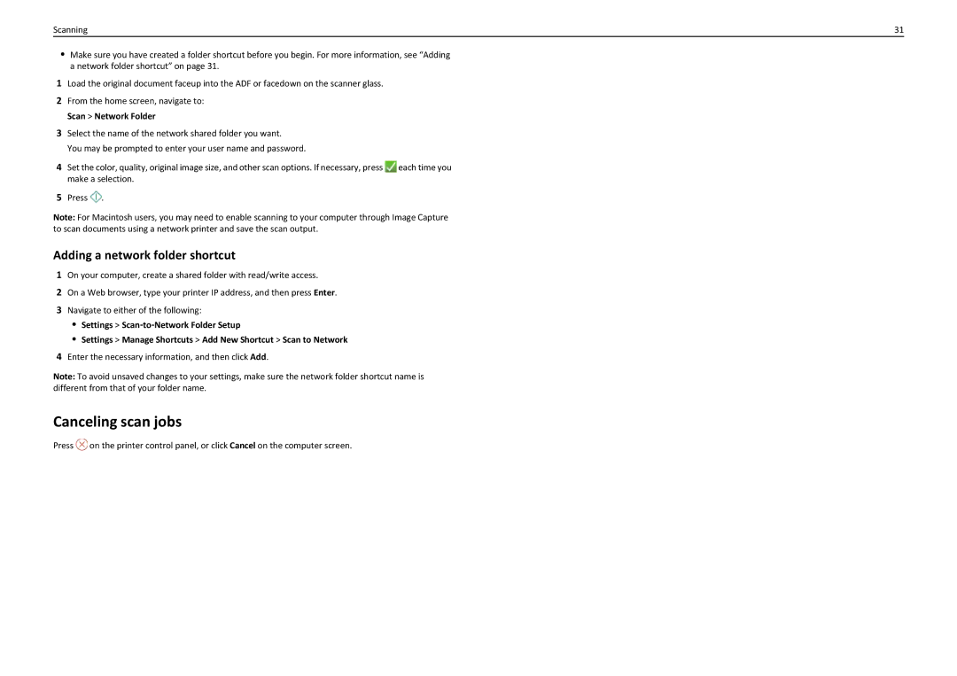 Lexmark PRO5500 Canceling scan jobs, Adding a network folder shortcut, Enter the necessary information, and then click Add 