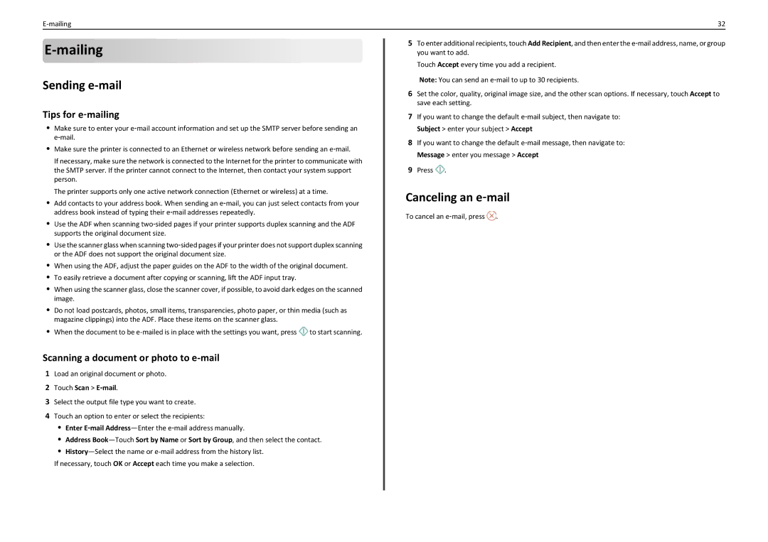 Lexmark PRO5500 manual Sending e-mail, Canceling an e‑mail, Tips for e‑mailing, Scanning a document or photo to e-mail 