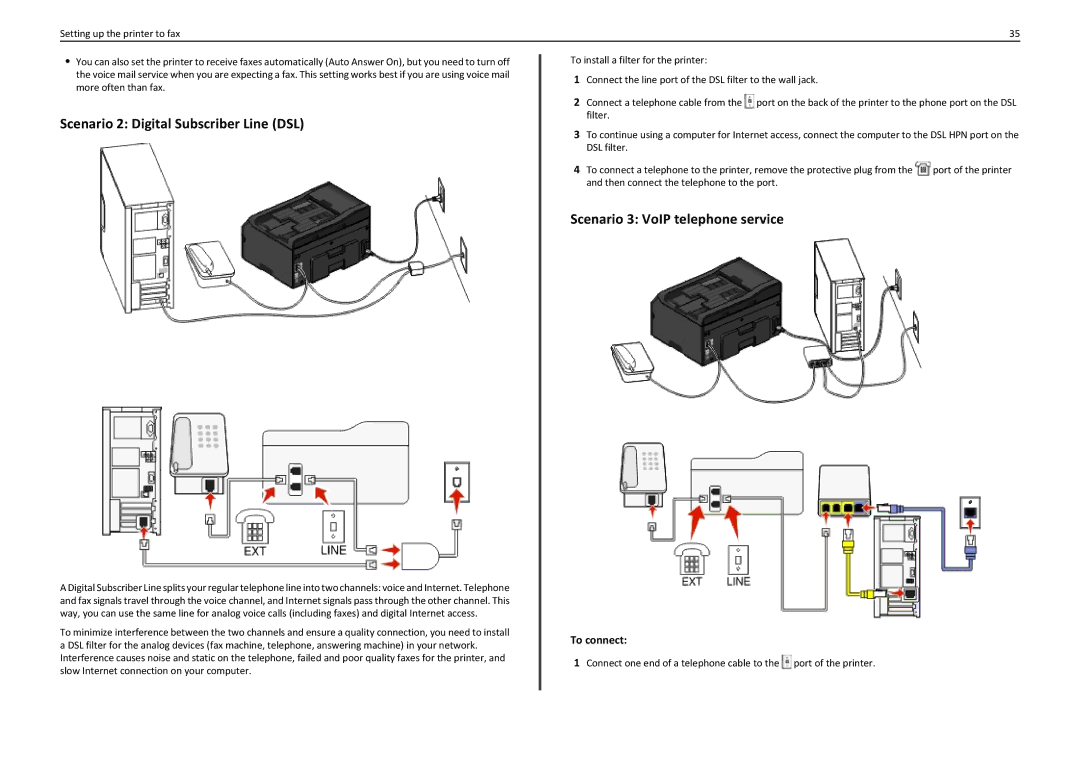 Lexmark PRO5500 manual Scenario 2 Digital Subscriber Line DSL, Scenario 3 VoIP telephone service, To connect 