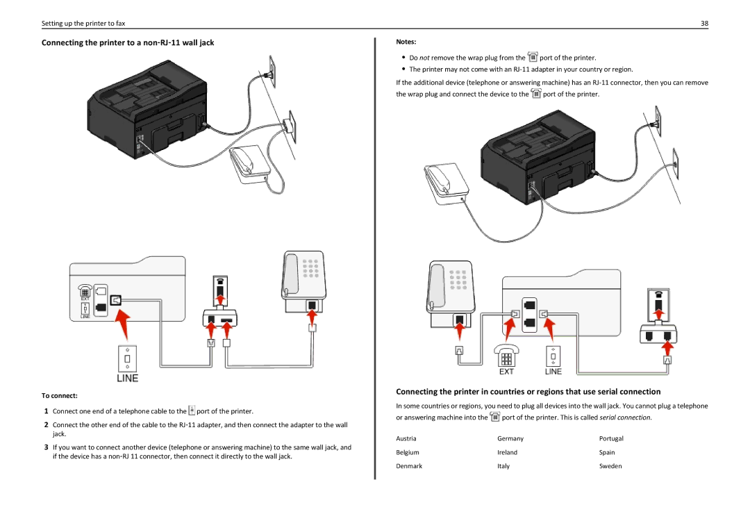 Lexmark PRO5500 manual Connecting the printer to a non‑RJ‑11 wall jack, Belgium Ireland Spain Denmark Italy 