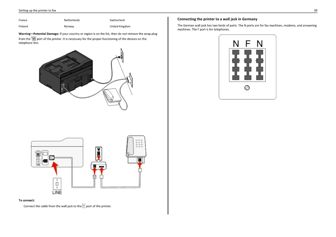 Lexmark PRO5500 manual Connecting the printer to a wall jack in Germany 