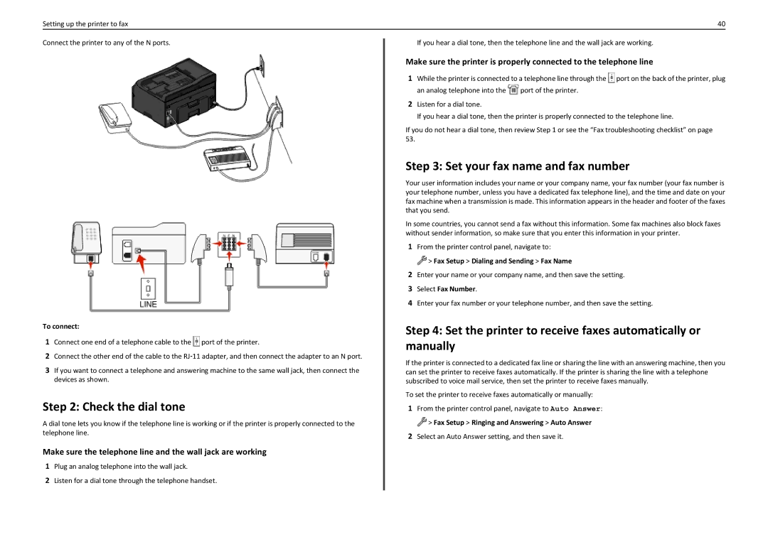 Lexmark PRO5500 manual Check the dial tone, Set your fax name and fax number 