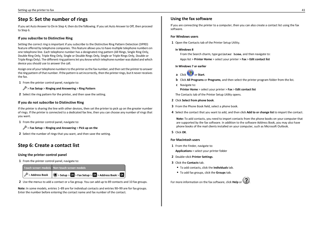 Lexmark PRO5500 manual Set the number of rings, Create a contact list, Using the fax software 