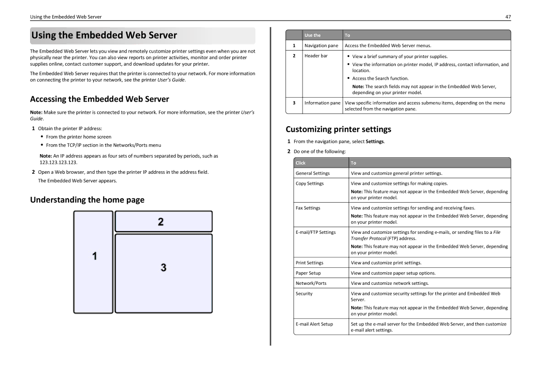 Lexmark PRO5500 manual Using the Embedded Web Server, Accessing the Embedded Web Server, Understanding the home, Click 