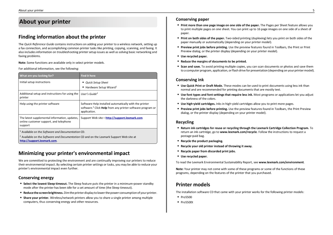 Lexmark PRO5500 About your printer, Finding information about the printer, Minimizing your printers environmental impact 