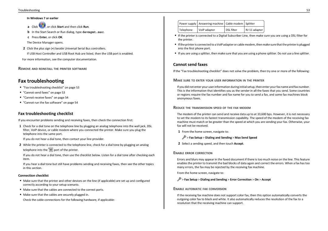 Lexmark PRO5500 manual Fax troubleshooting checklist, Cannot send faxes, Connection checklist 